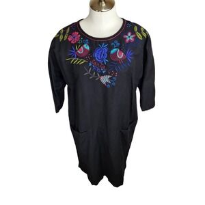 Gudrun Sjoden Womens Small Linen Blend Embroidered Black Tunic‎ Dress Lagenlook